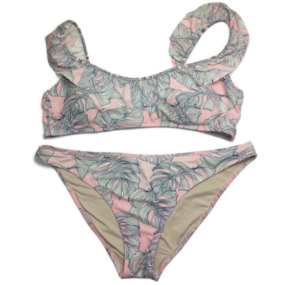 Shade Critters Pink Monstera Leaf Print Ruffle Bikini Size 8